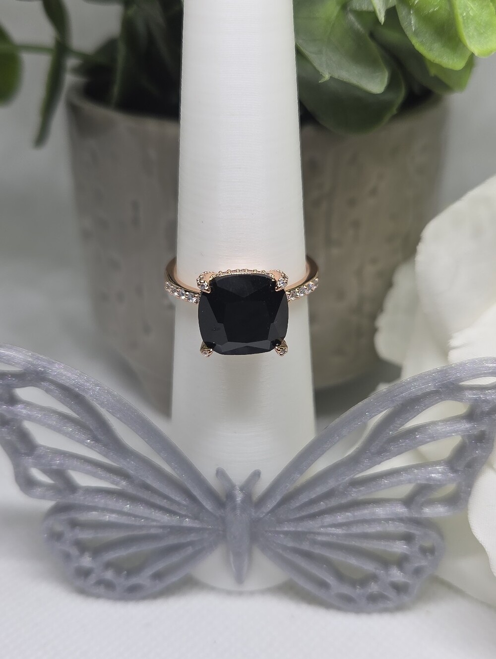 BP Black Cushion-Cut Ring in Rose Gold with Pavé Shoulders